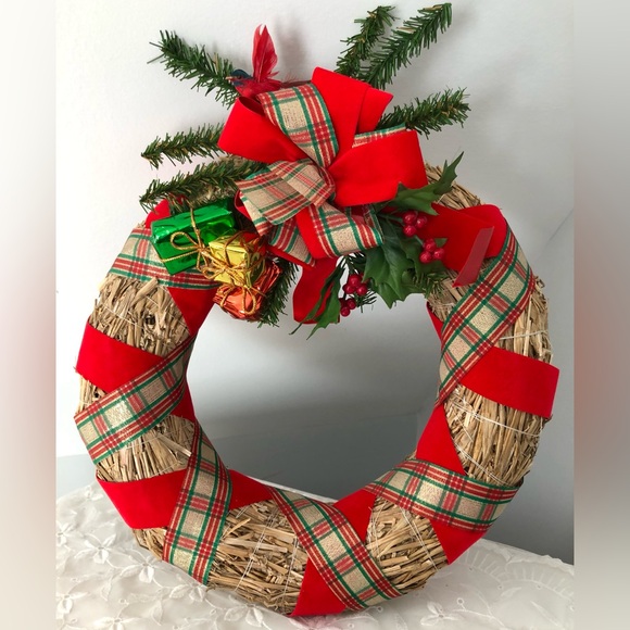 🎅🏻Holiday Red Plaid Cardinal Mistletoe Christmas Wreath - Picture 1 of 6